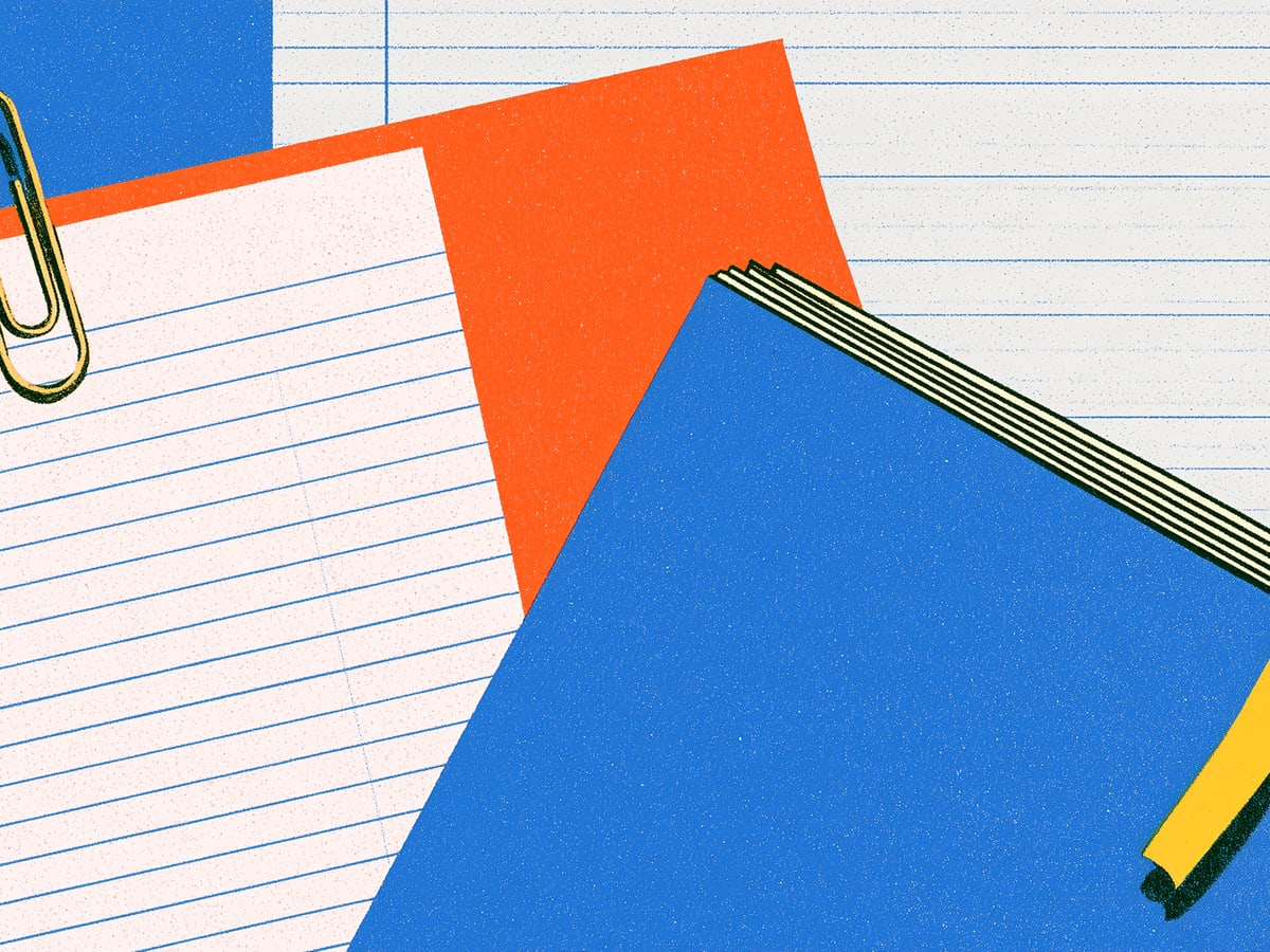 Ruled paper, a blue folder, a paper clip, and a yellow ribbon bookmark