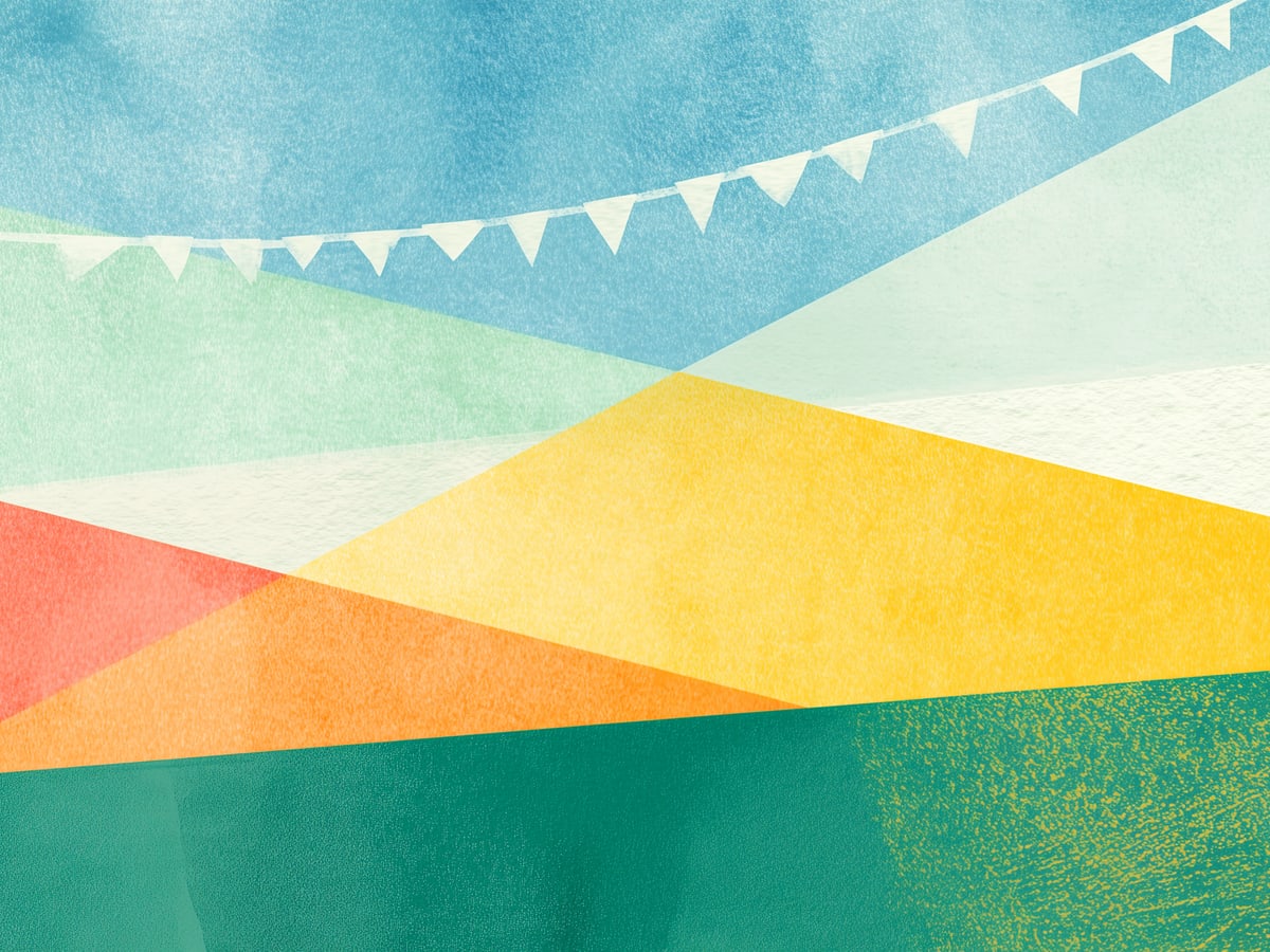 A string of paper pennants over watercolor hills in yellow, green, and blue