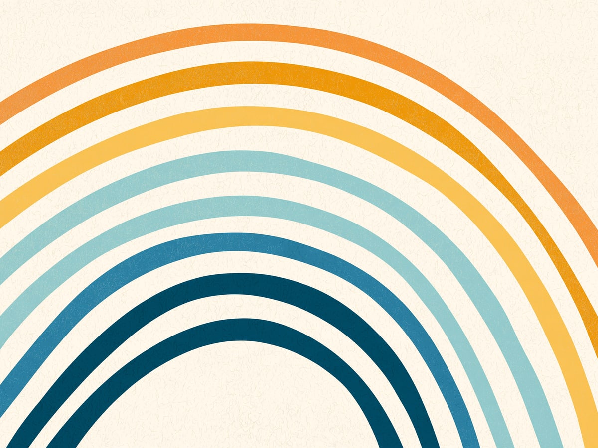 Thin rising arcs in yellow, sky, and blue on cream