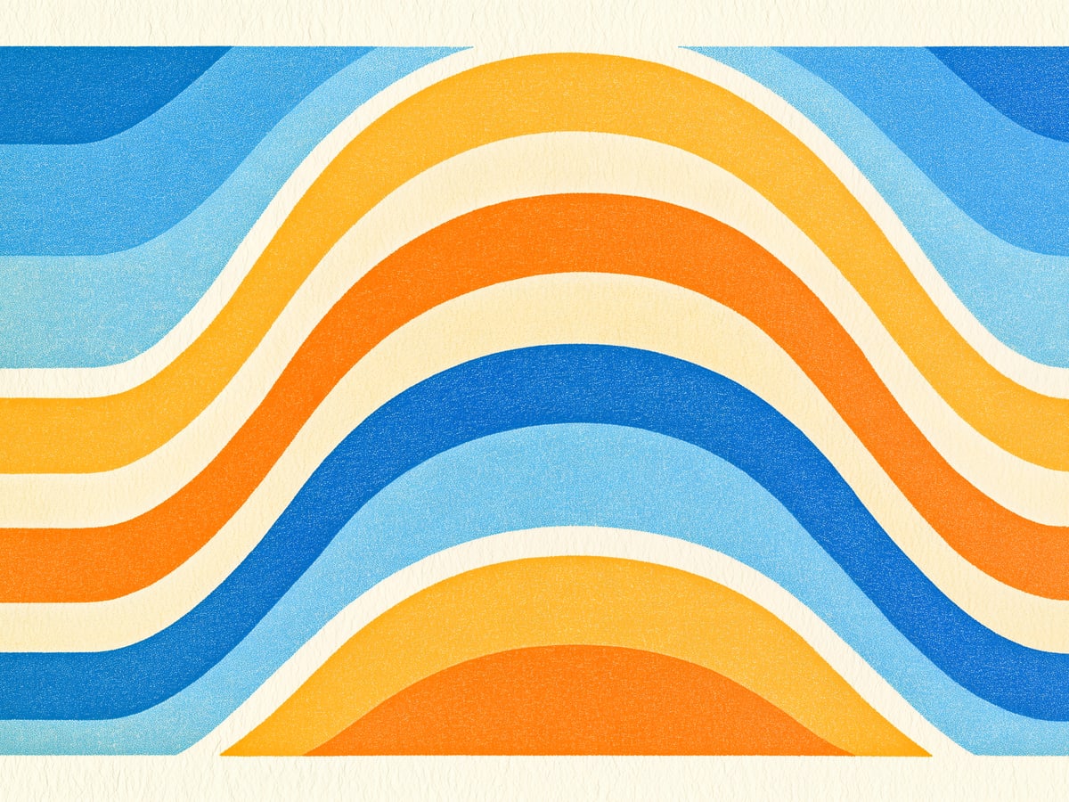 Nested wave arcs in blue, sky, and marigold on cream
