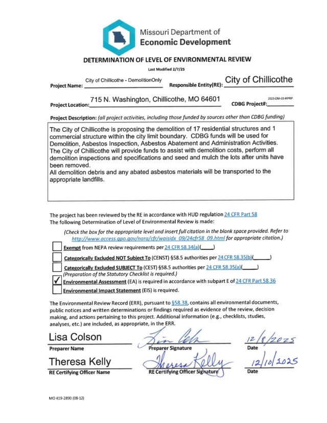 First page of Chillicothe Demolition Project Environmental Review