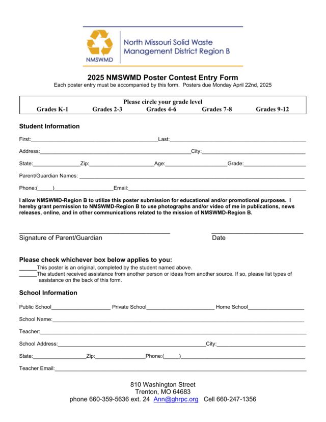 First page of Earth Day Poster Contest Sign-Up Sheet, 2025