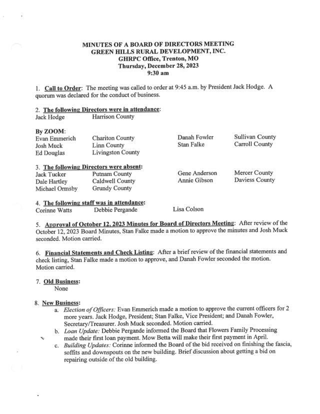First page of GHRDI Board Minutes, December 28, 2023