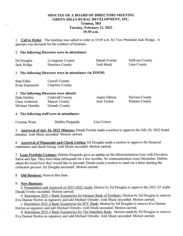 First page of GHRDI Board Minutes, February 21, 2023