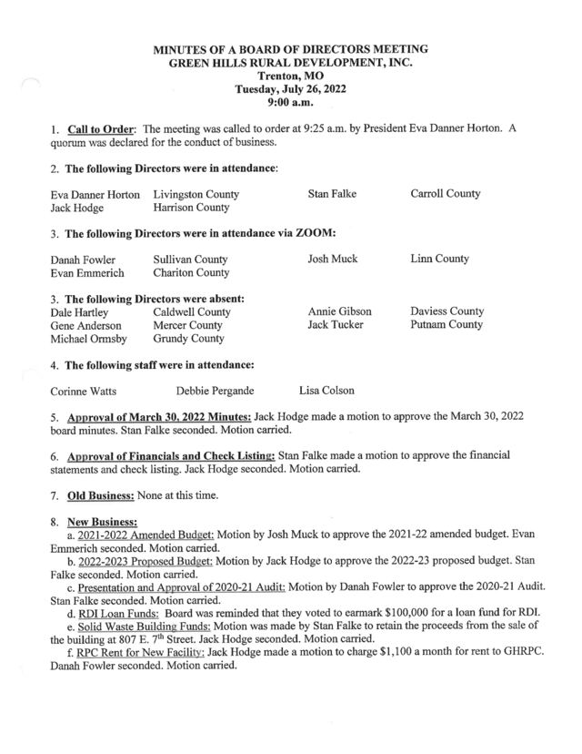First page of GHRDI Board Minutes, July 26, 2022