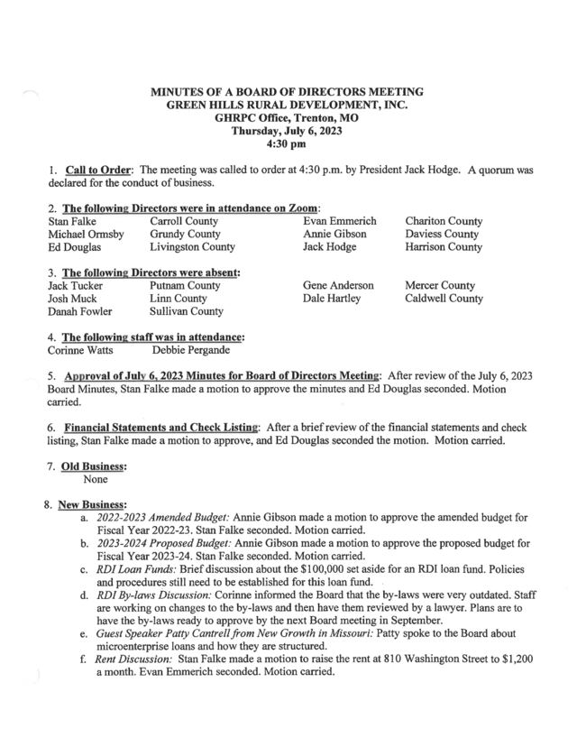 First page of GHRDI Board Minutes, July 6, 2023
