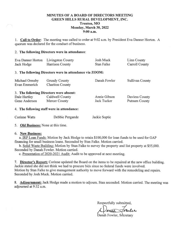 First page of GHRDI Board Minutes, March 30, 2022