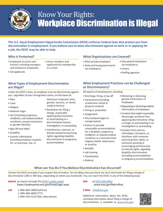 First page of Know Your Rights: Workplace Discrimination Is Illegal