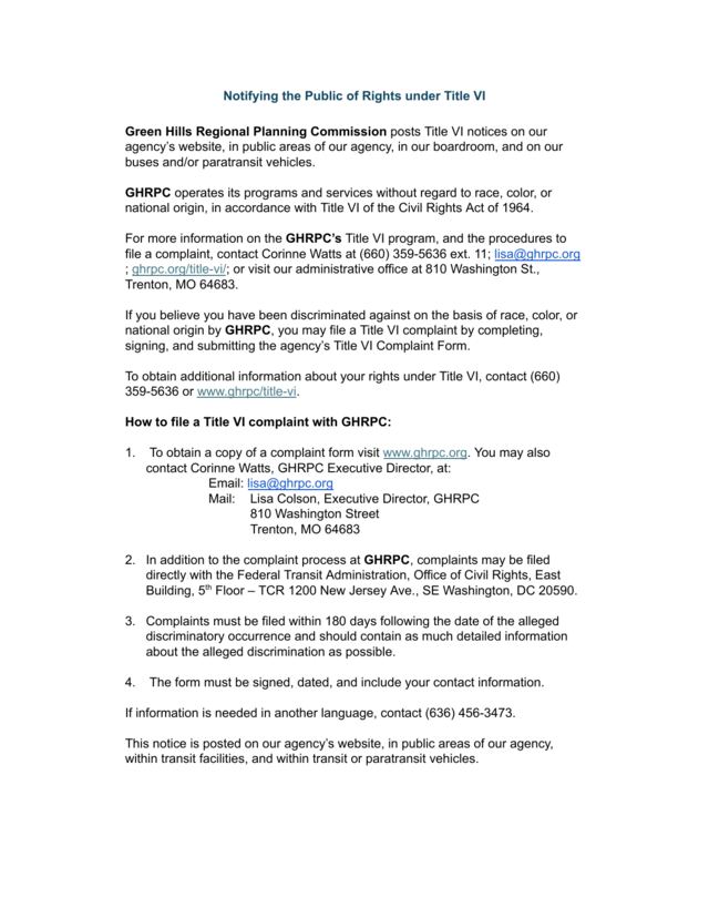 First page of Public Notice of Rights Under Title VI