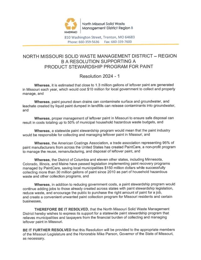 First page of Resolution 2024-1: Supporting a Product Stewardship for Paint