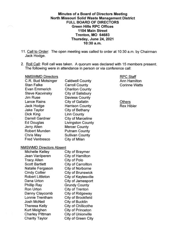 First page of Solid Waste District Board of Directors Minutes, June 2021