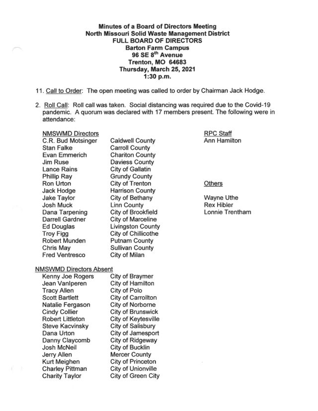 First page of Solid Waste District Board of Directors Minutes, March 2021