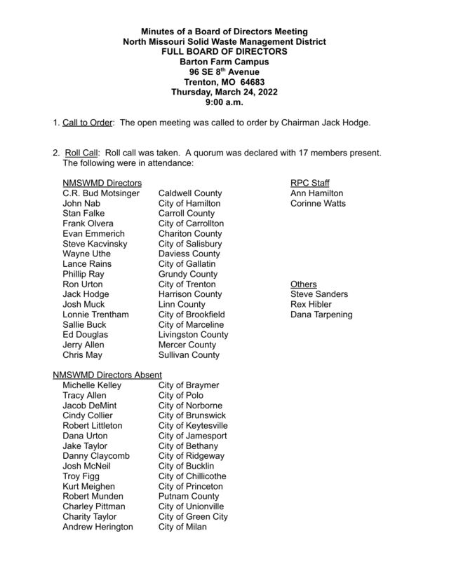 First page of Solid Waste District Board of Directors Minutes, March 24, 2022