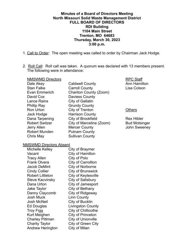 First page of Solid Waste District Board of Directors Minutes, March 30, 2023