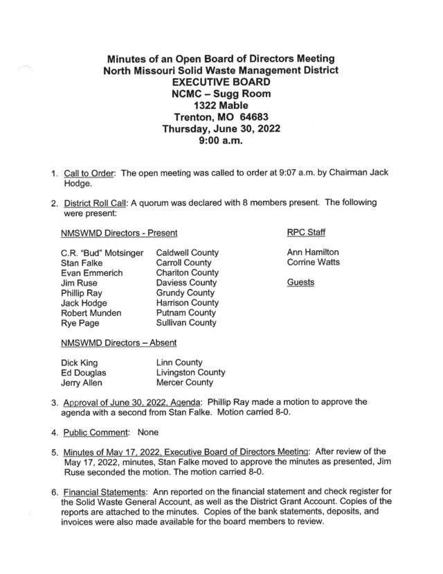 First page of Solid Waste District Executive Board Minutes, June 30, 2022