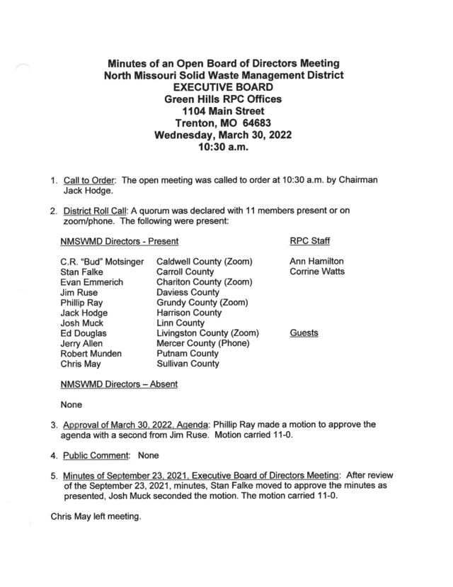 First page of Solid Waste District Executive Board Minutes, March 30, 2022