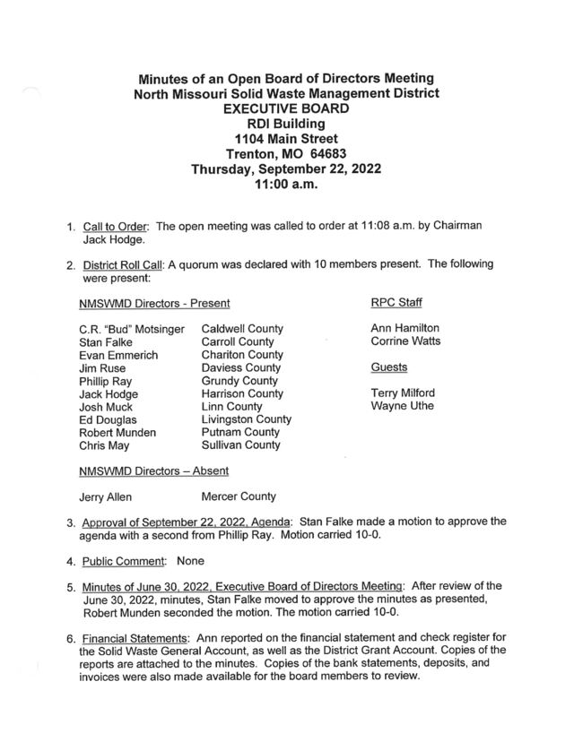 First page of Solid Waste District Executive Board Minutes, September 22, 2022