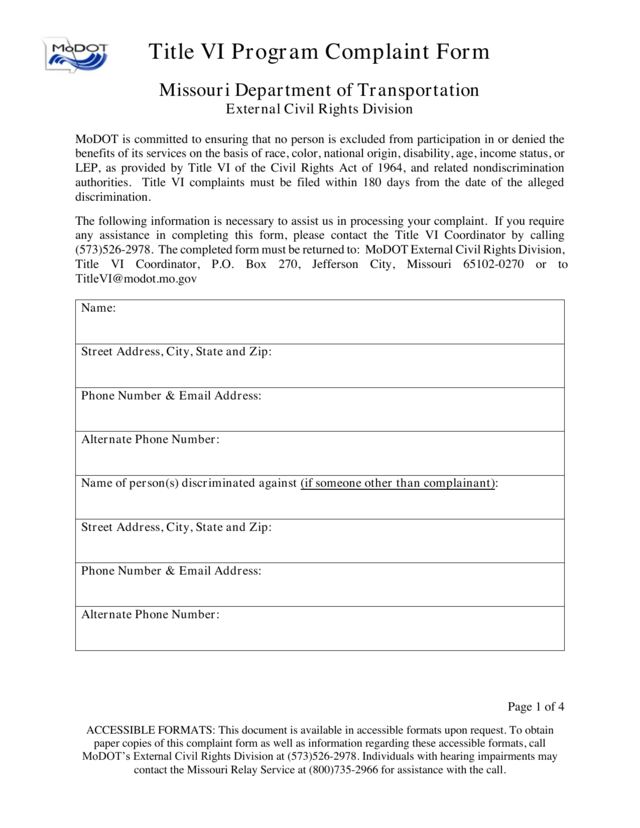 First page of Title VI Complaint Form
