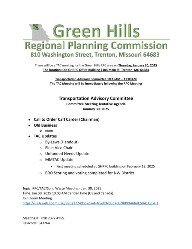 First page of Transportation Advisory Committee Agenda, January 30, 2025