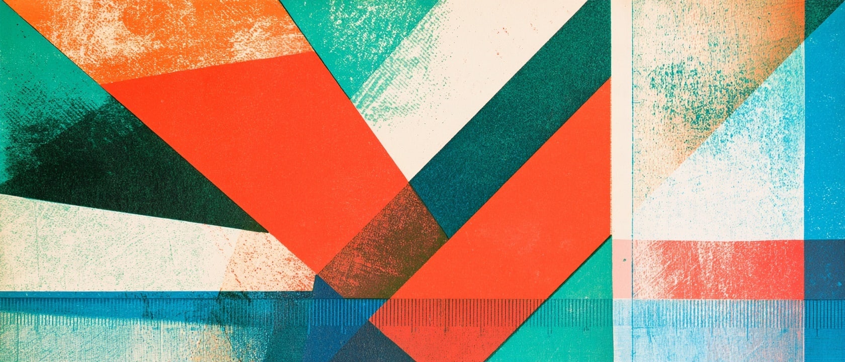 Bold orange and teal chevrons cut across a cream field above a graduated tick rule.