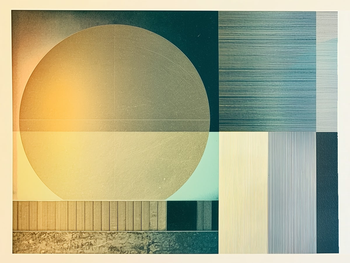 A warm gold disc held against deep teal and cool grey bands, ruled with fine graduated lines.