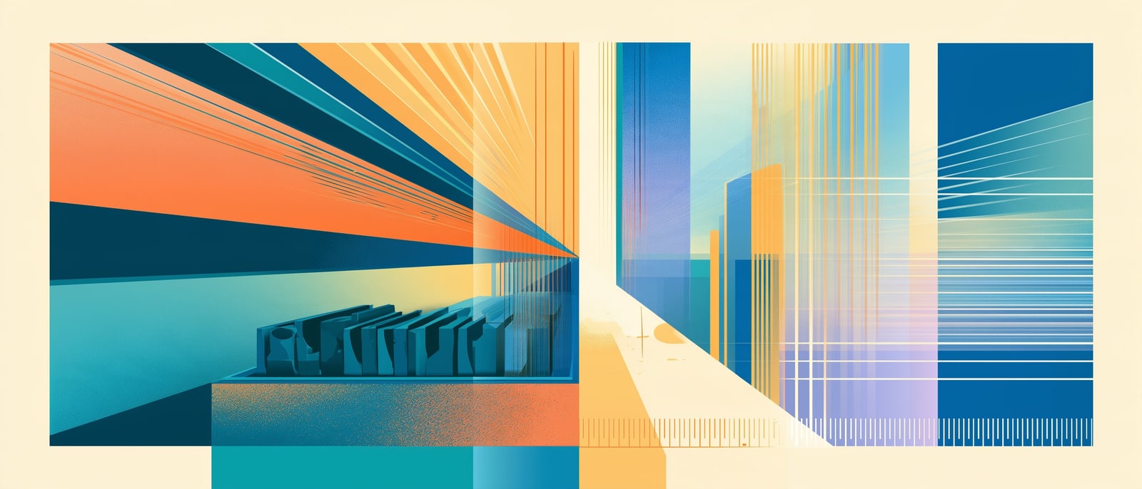 Orange and navy rays converging toward a distant vanishing point, beside a tray of upright forms.