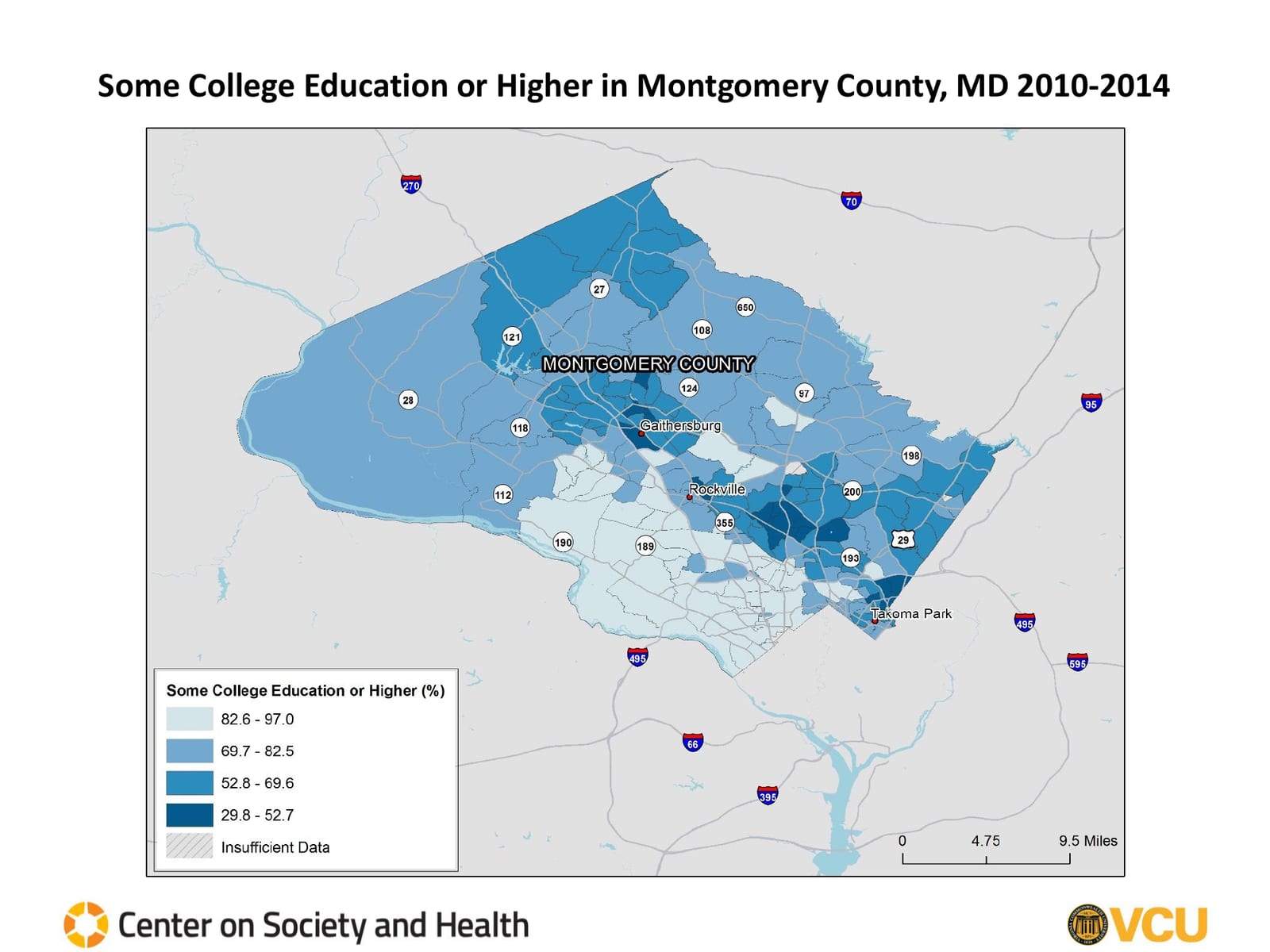 Some College Education or Higher by census tract, 2010 to 2014