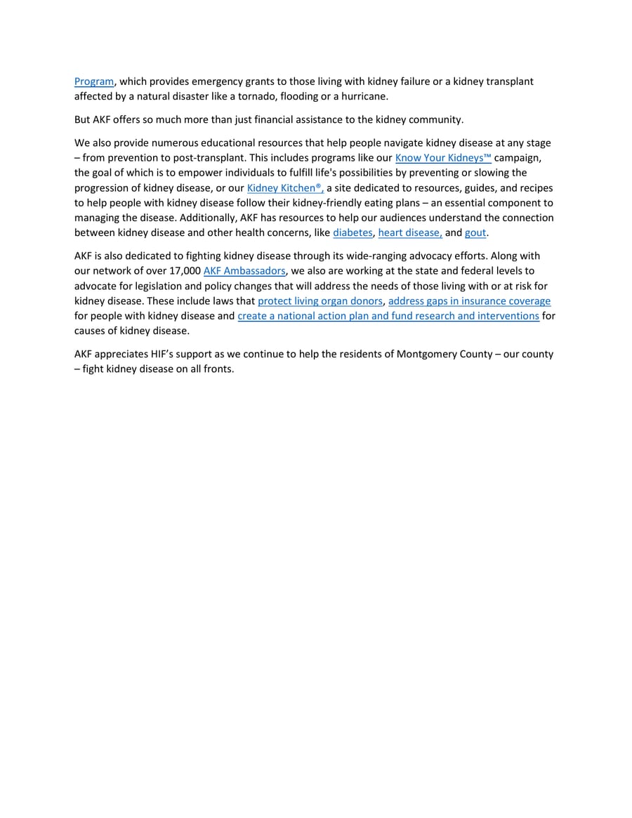 The second page of American Kidney Fund's story