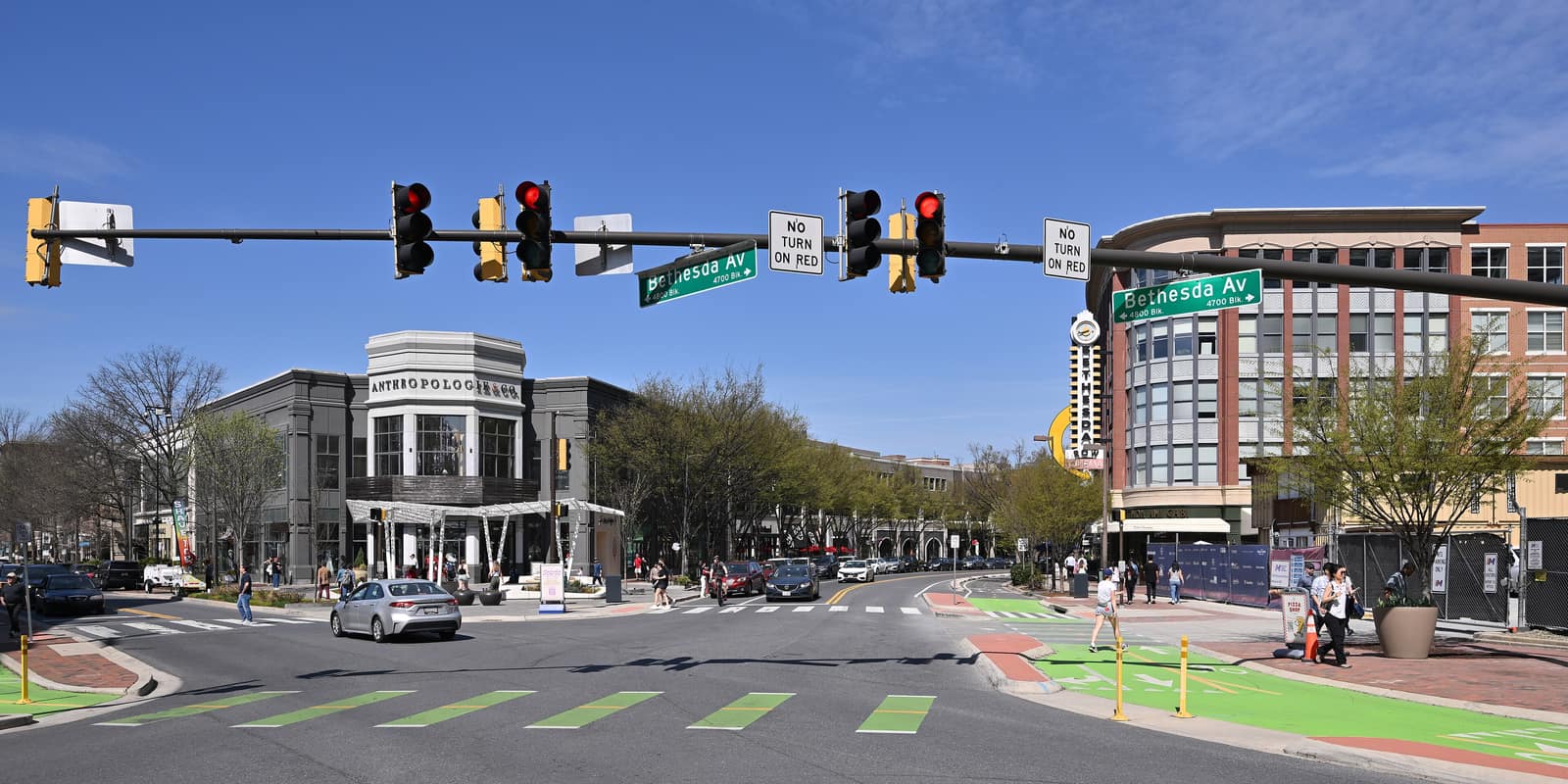 Woodmont Avenue at Bethesda Avenue in downtown Bethesda on an early spring day