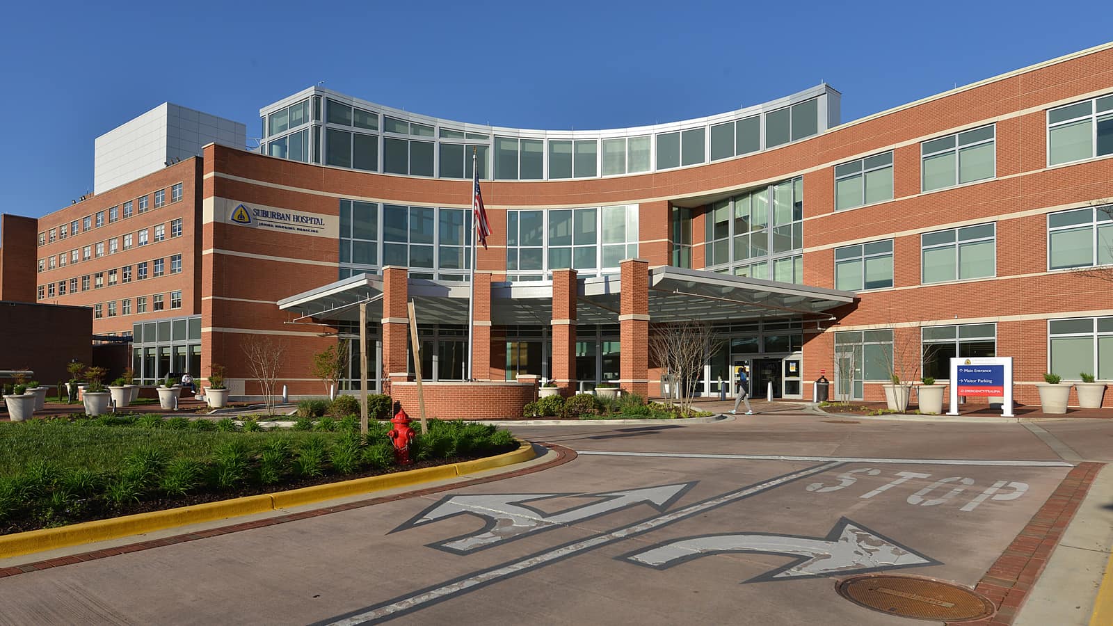 The main entrance to Suburban Hospital, 8600 Old Georgetown Road, Bethesda