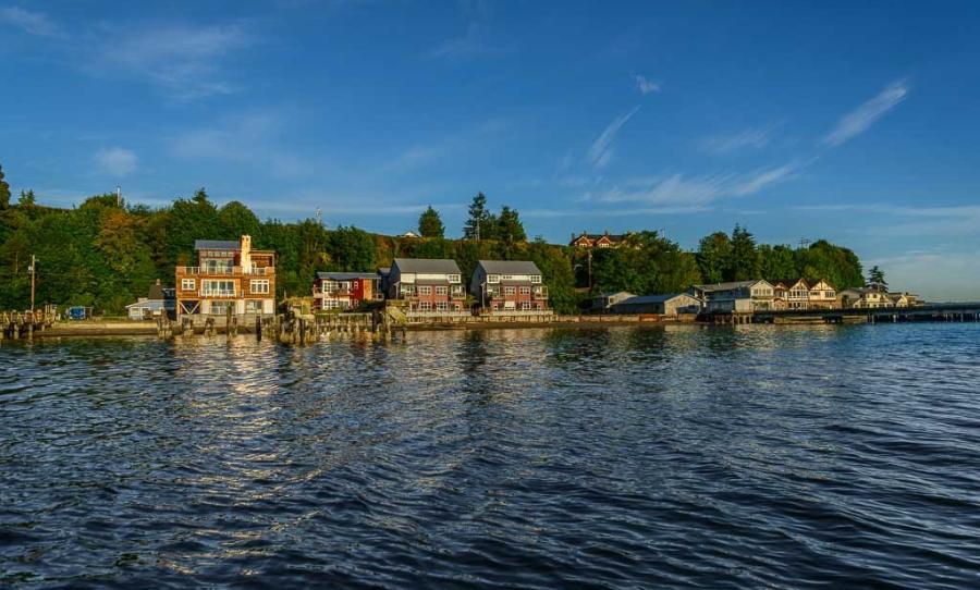 Langley's bluff-top waterfront houses seen from the water