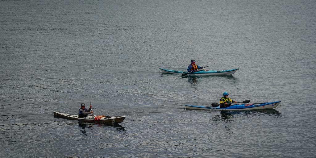 Three kayaks working the calm water inside the pass, forested points rising behind