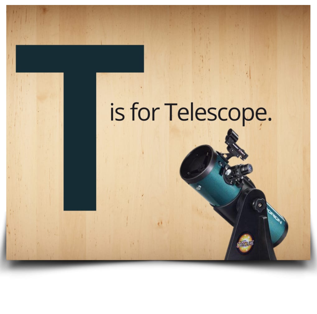 A "T is for Telescope" graphic from the library's own Library of Things promotion, showing a reflector telescope on a tripod