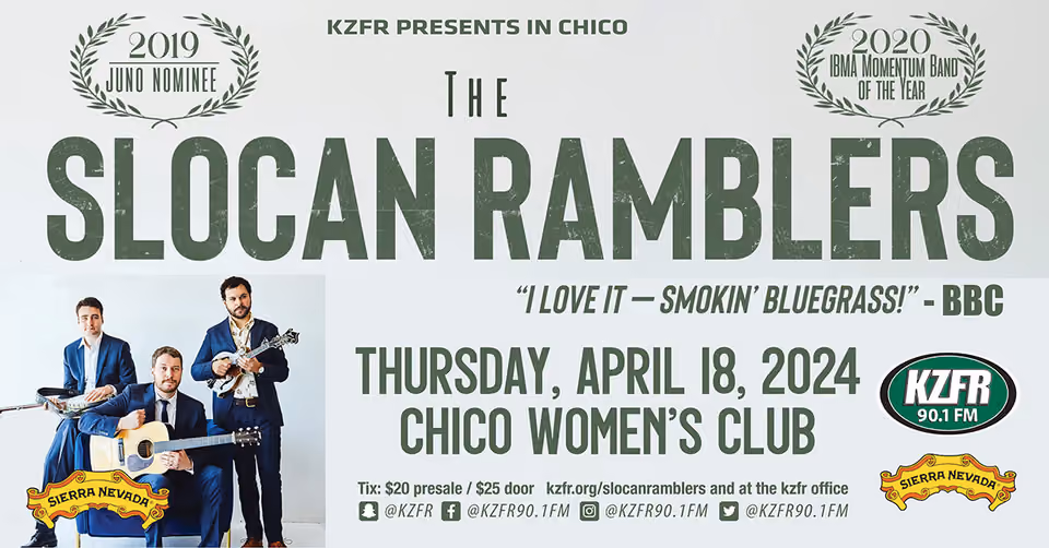 Flyer for KZFR presents The Slocan Ramblers, Thursday, April 18, 2024, Chico Women's Club, with three men in suits holding acoustic instruments
