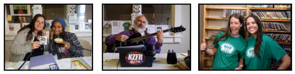 Three photos of KZFR pledge drive volunteers: two women holding up stickers, a bearded man playing guitar, and two smiling women in green KZFR shirts