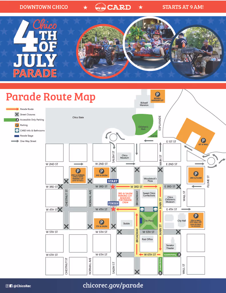Flyer for the Downtown Chico 4th of July Parade by CARD, starting at 9 AM, with a route map showing the start at 3rd and Salem, finish at 4th and Salem, and street closures