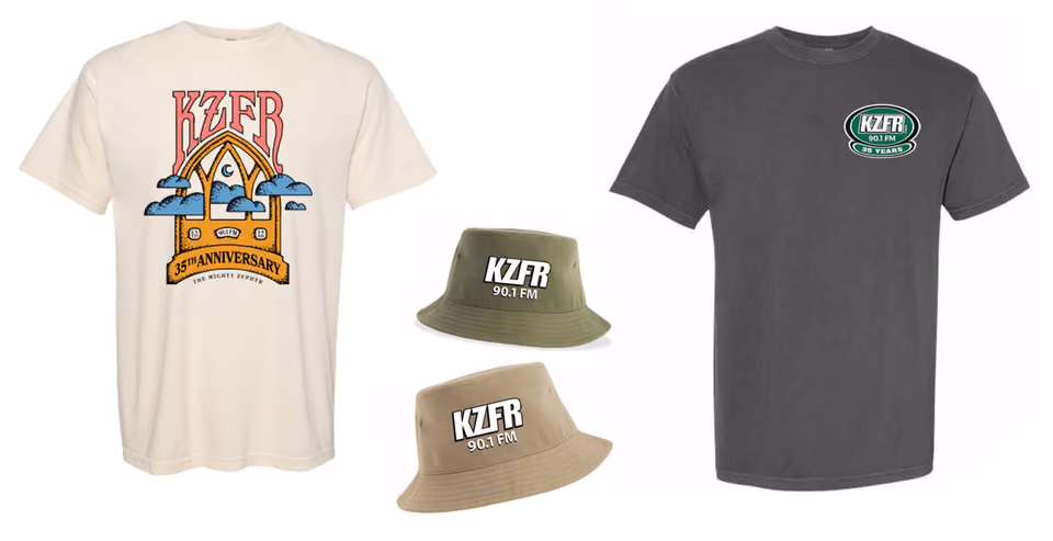 KZFR pledge gifts: cream 35th anniversary t-shirt, gray logo t-shirt, and olive and tan bucket hats printed with KZFR 90.1 FM