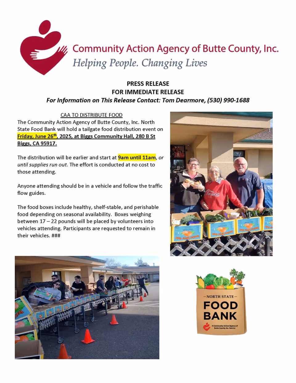 Press release from Community Action Agency of Butte County: North State Food Bank tailgate food distribution, Friday, June 26, 2025, 9am to 11am, Biggs Community Hall