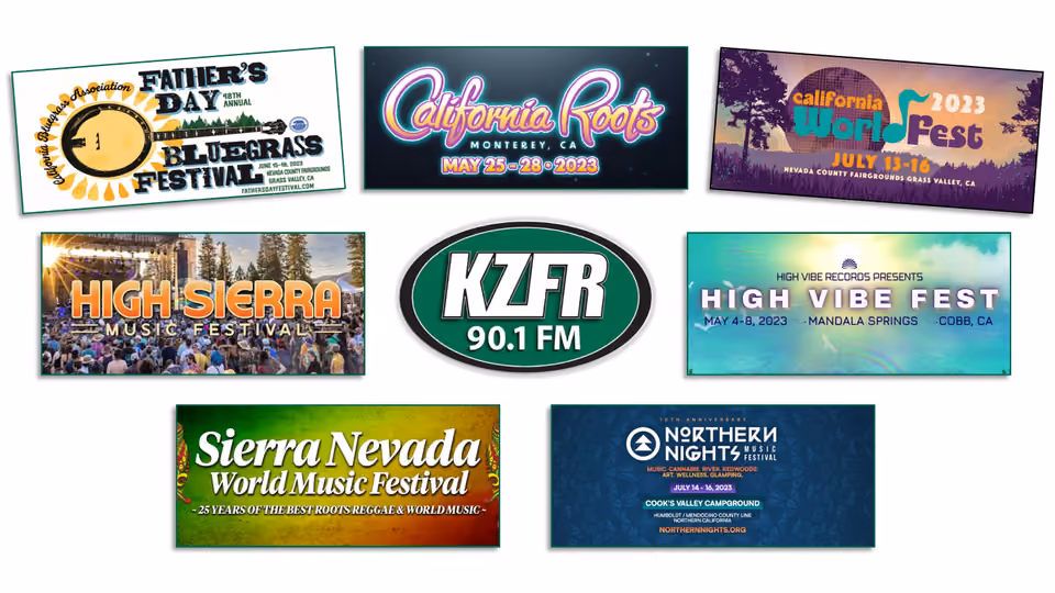 Collage of logos for eight music festivals, including California Roots, High Sierra, and Northern Nights, surrounding the green KZFR 90.1 FM logo