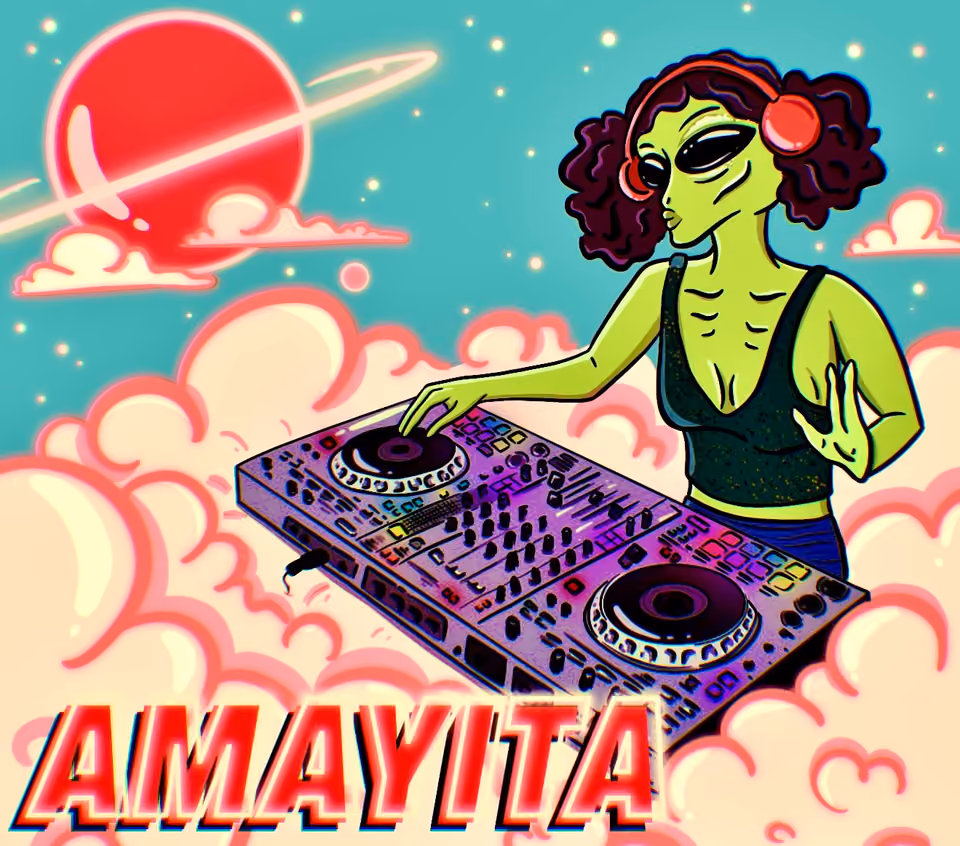 Illustration of a green alien DJ in red headphones mixing on a turntable controller among pink clouds, with the name AMAYITA in red letters