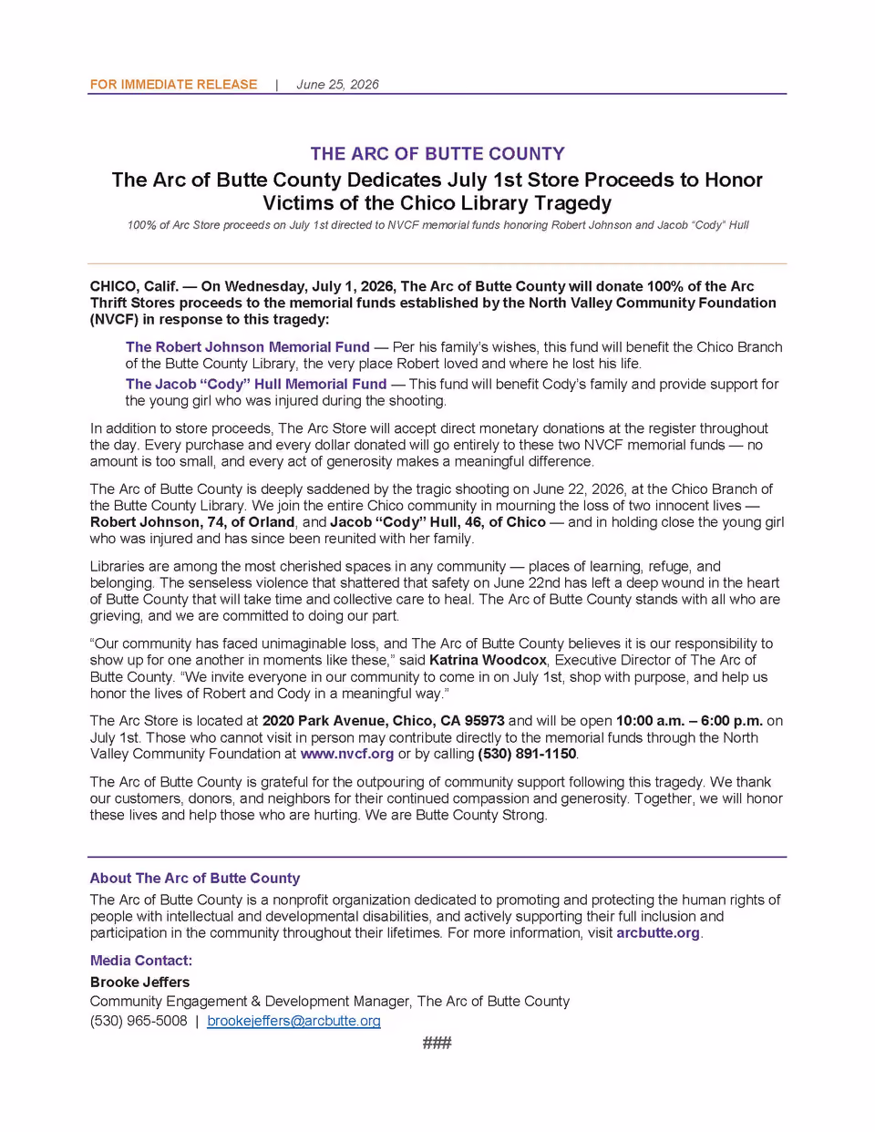 Press release from The Arc of Butte County: all Arc Store proceeds on July 1, 2026 go to NVCF memorial funds for Robert Johnson and Jacob "Cody" Hull