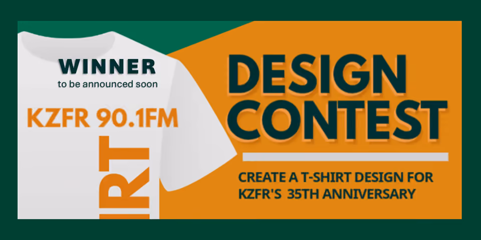 Graphic for the KZFR 90.1 FM Design Contest: create a T-shirt design for KZFR's 35th anniversary, with "Winner to be announced soon" on a white shirt