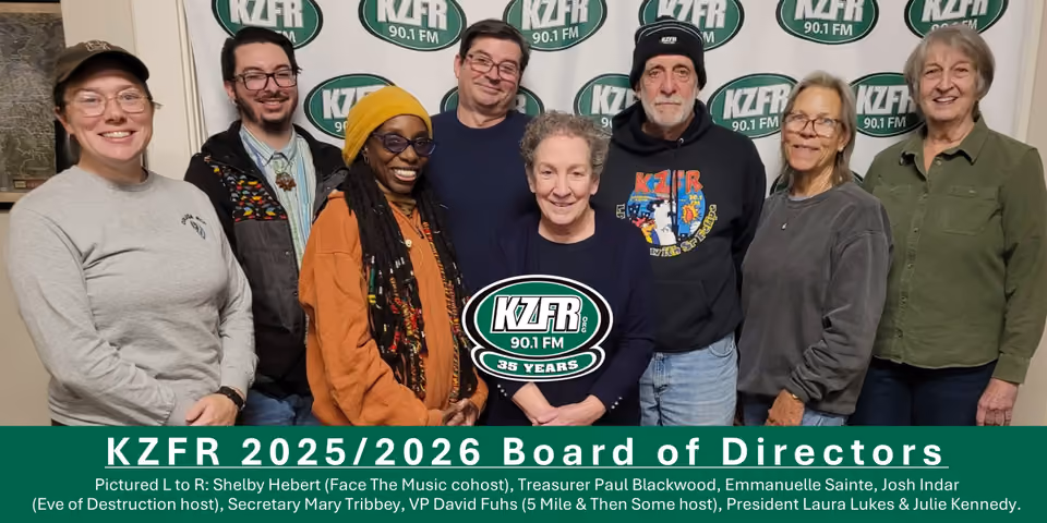 Group photo of the KZFR 2025/2026 Board of Directors, eight people standing in front of a KZFR 90.1 FM banner, with a 35 Years logo