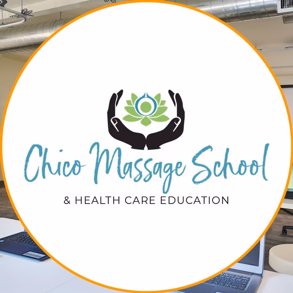 Chico Massage School & Health Care Education logo with a lotus flower held between two dark cupped hands
