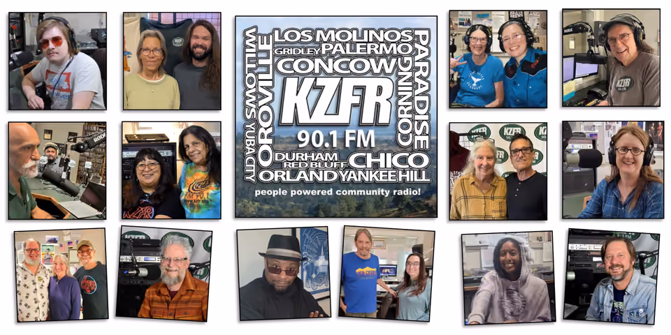 Collage of KZFR volunteers and hosts in studios and smiling together, around a center KZFR 90.1 FM logo listing North State towns and the words people powered community radio