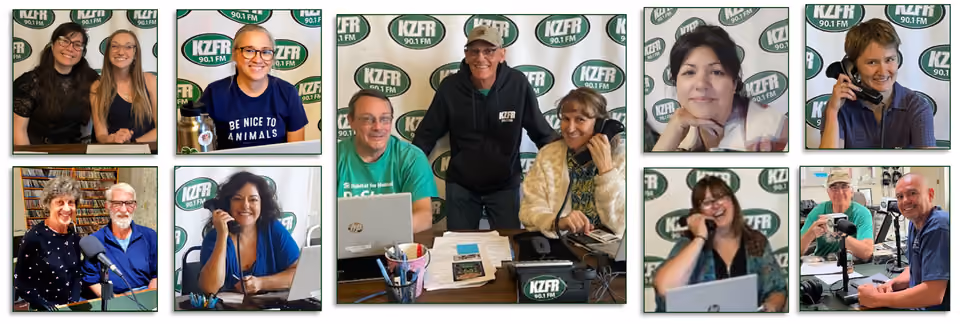 Collage of smiling volunteers answering phones at KZFR pledge drive tables in front of KZFR banners