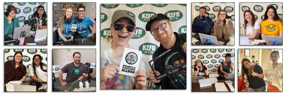 Collage of smiling volunteers at KZFR pledge drive phones, with two in the center holding a "People Powered Radio" sticker