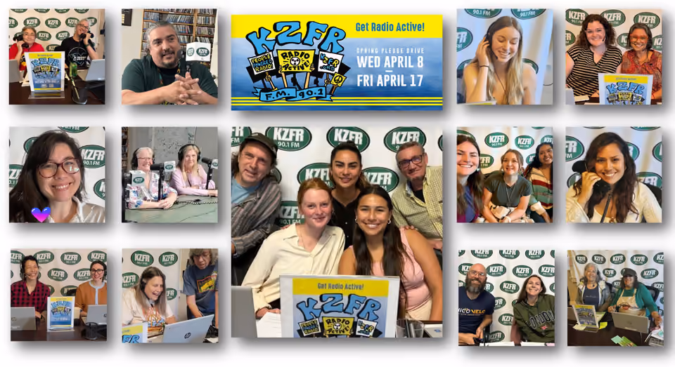 Collage of smiling volunteers answering pledge line phones at KZFR, with a banner for the Spring Pledge Drive, April 8 to 17