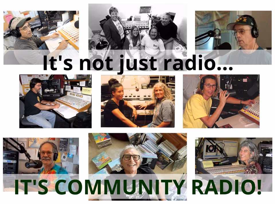 Collage of nine KZFR volunteers at mixers, microphones and record shelves, with the words It's not just radio, it's community radio