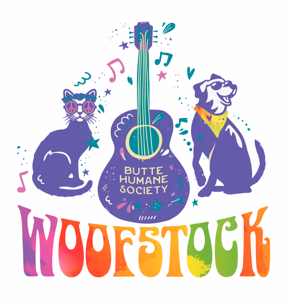 Woofstock logo for Butte Humane Society: a cat in peace-sign glasses and a dog in sunglasses and bandana flank a guitar, above colorful psychedelic lettering